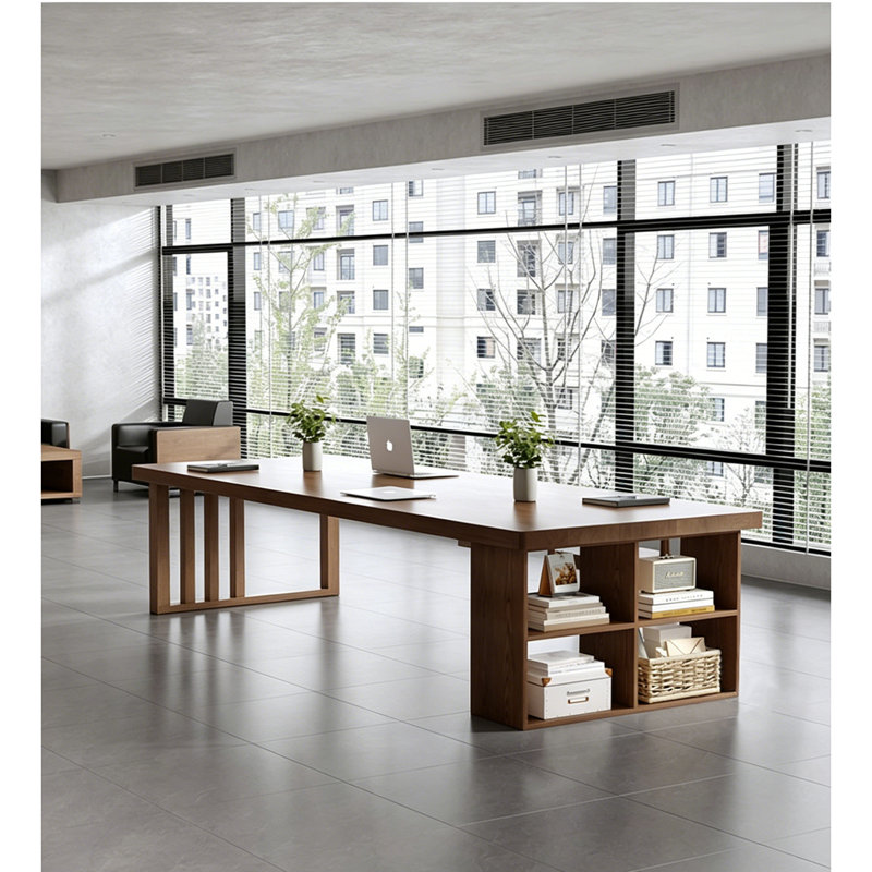 Table de conférence en pin massif avec tablettes de rangement ouvertes, 29.5" H x 126" L x 39.4" D