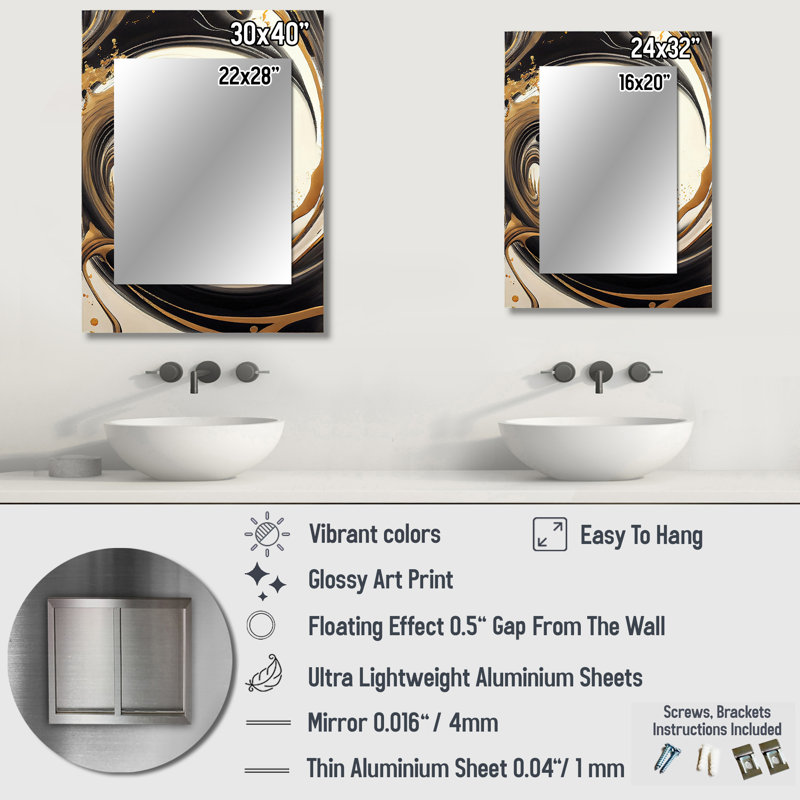 Black And Gold Swirl V - Abstract Spirals Unique Mirror, Black Large Wall Mirror, Printed Metal Art, 32" x 24"