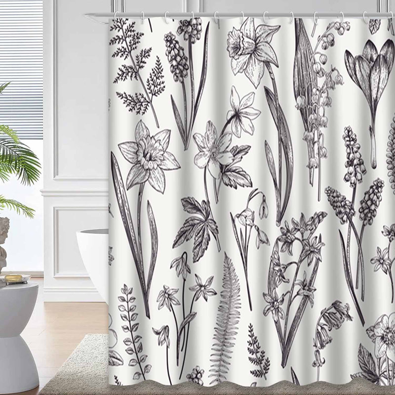 Rideau de douche imperméable à motif floral noir et blanc avec 12 crochets, L 72 po x l 72 po