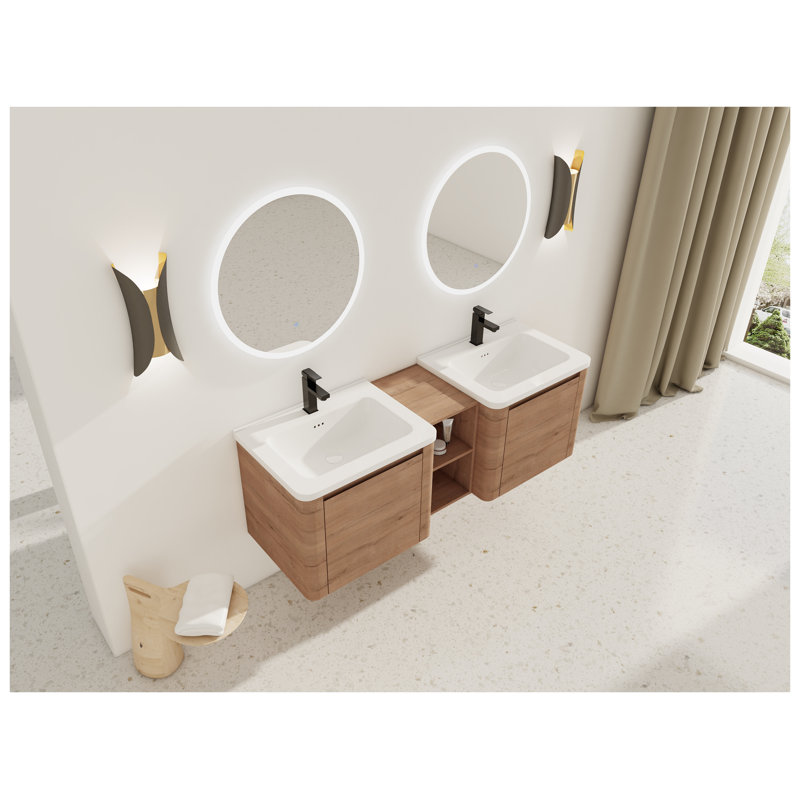 Meuble-lavabo mural 60 po avec lavabo en céramique blanche imitation chêne