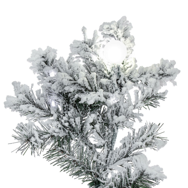 Vickerman 10' x 82" Flocked Alaskan Artificial Pre-Lit Christmas Tree with 91 Warm White G50 and 1200 Warm White LED Mini Lights, 2911 Flocked Realistic PVC Tips, 6' Step On/Off Power Cord and Folding Metal Tree Stand. Assembly is required.
