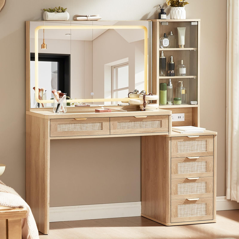 Coiffeuse cannelée avec miroir et éclairage, table de maquillage de 110 cm avec plateau en verre et prise électrique, coiffeuse avec 6 tiroirs et étagères réglables pour chambre à coucher (sans chaise)