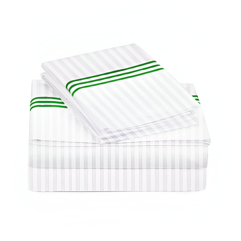 400TC Triple Embroidery Sateen Stripe Cotton 4 Piece Sheet Set Fitted Sheet Fits Upto 16" Deep Pocket, Green Border