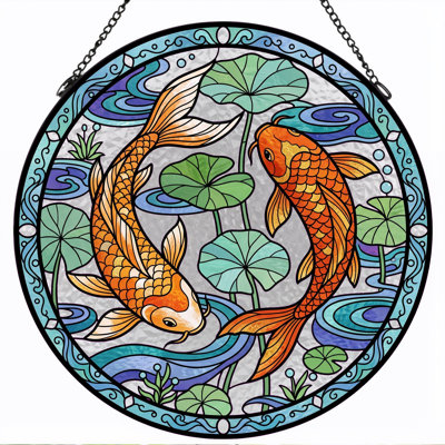 Koi Fish Stained Glass Window Panel，12"H