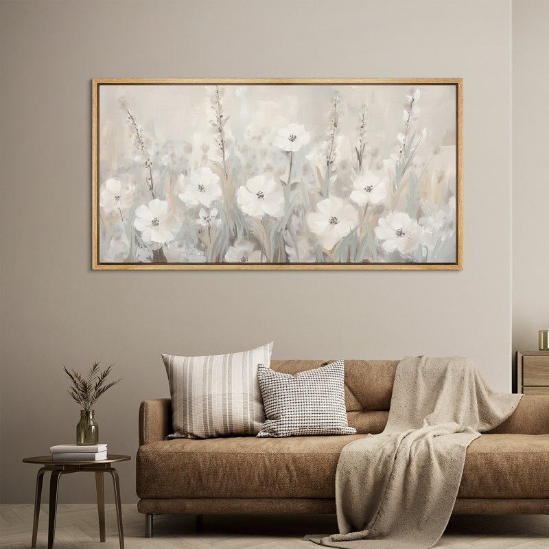 «Greenish Beige Flowers», impression sur toile encadrée de très grandes décorations murales, H 30 po x l 60 po, Naturel