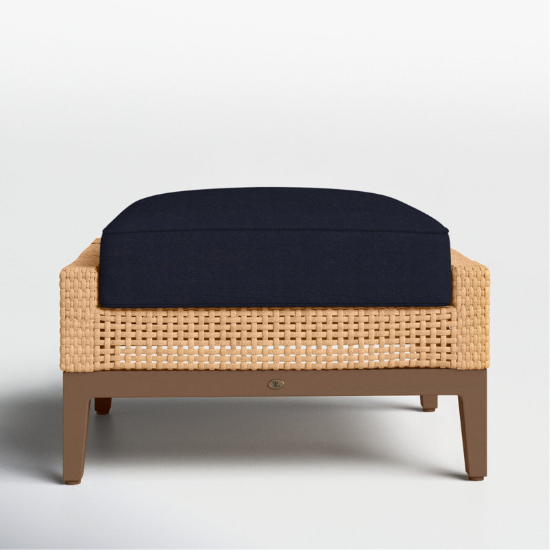 Peninsula Outdoor Ottoman with Cushion, Linen Navy, Light Raffia/Natural Sandalwood, Welt + Standard fill