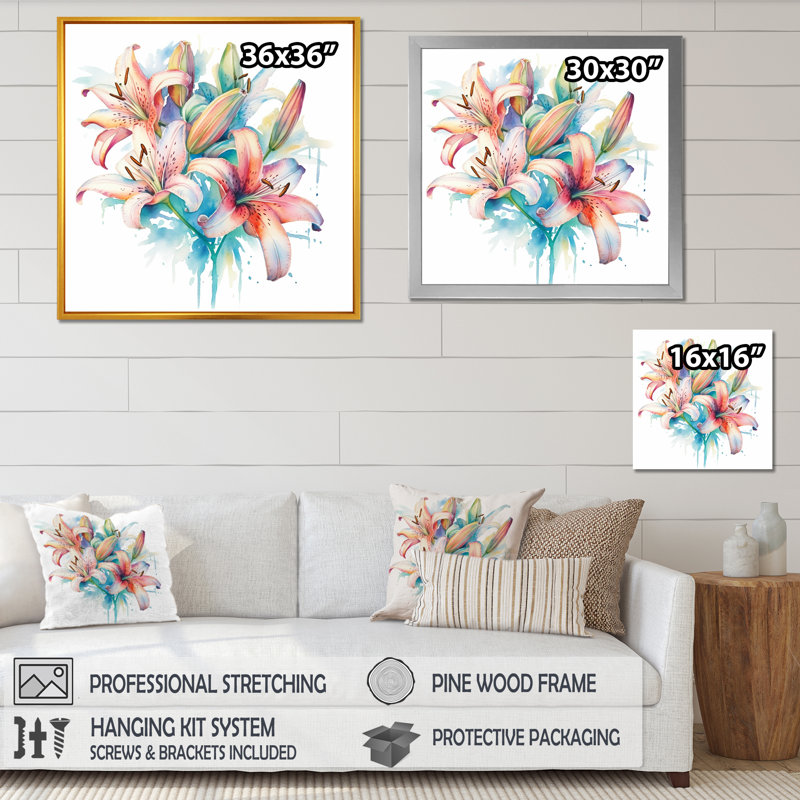 Aquarelle élégante lis pureté III sur toile, H 36 po x l 36 po x P 1,5 po, Cadre flottant blanc