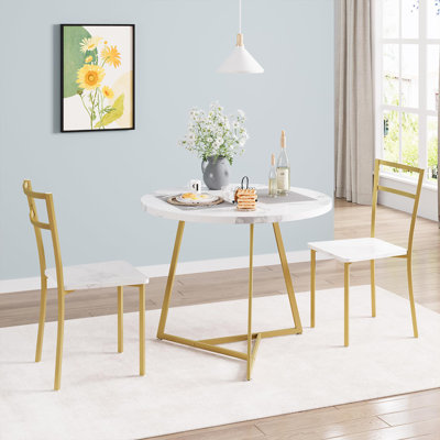 Ensemble table et chaises de salle à manger rondes 3 pièces pour 2 personnes, table de cuisine en bois imitation bois avec 2 chaises rembourrées à structure échelle, petit ensemble repas idéal pour un coin repas en appartement