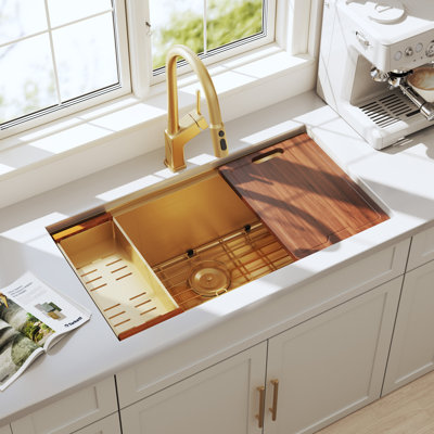 Blenzia 32 Inch Gold Undermount Workstation Kitchen Sink 16 Gauge Stainless Steel Single Bowl Handmade Sinks with Ledge and Accessories 32" x 18" x 10"