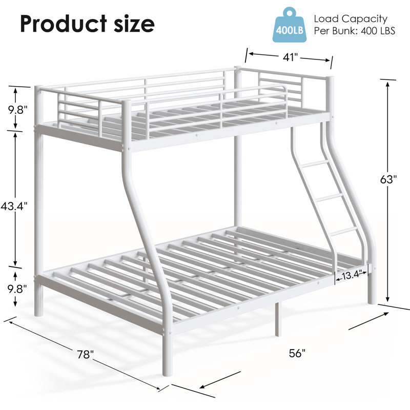 Lit superposé simple au dessus d'un lit double en métal avec 2 matelas, White
