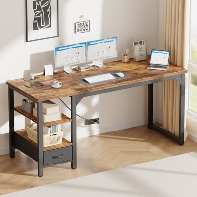 63 inch Writing Desk with Drawer, 1.2" Thick Reversible Computer Desk with Power Outlet,Office Table,Rustic Brown