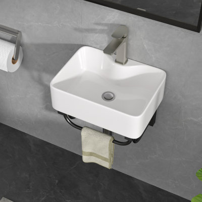 Mocoloo 16"L x 12"W Wall Mount Ceramic Rectangular Console Bathroom Sink with One Faucet Hole and Bracket Base