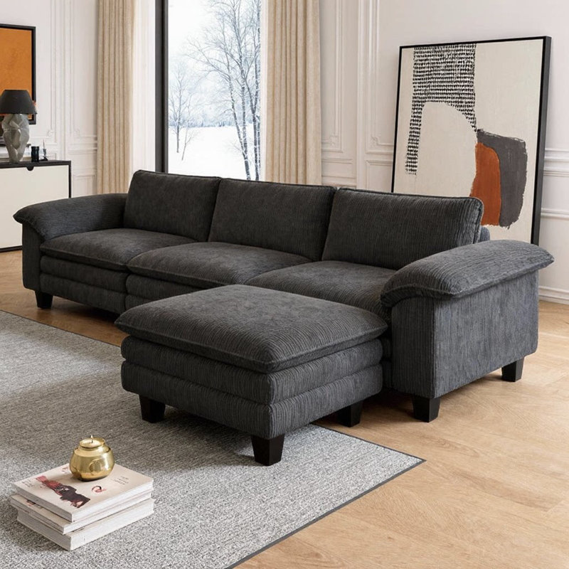 124.4" Luxury L-Shaped Sectional, Corduroy Upholstery, Pillow-Top Armrests, Movable Ottoman, 550 lbs Per Seat, Gray