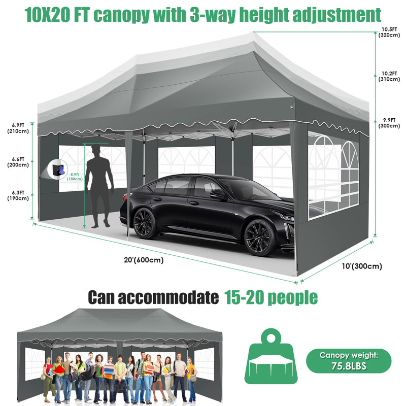 20' x 10' Waterproof Pop Up Canopy with Sidewalls, Gray