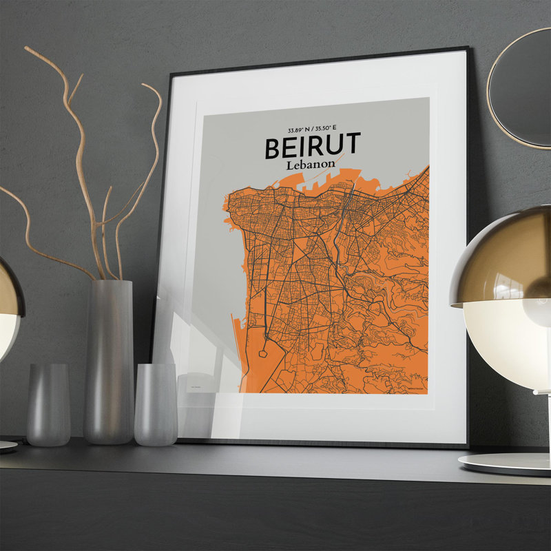 Carte de la ville de Beyrouth, impression maritime, Orange / gris, H 20 po x l 16 po