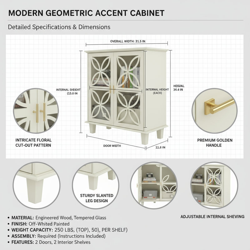 Buffet crème avec portes en verre trempé, armoire de rangement autoportante à 2 portes pour la cuisine, la salle de bain et le vestibule