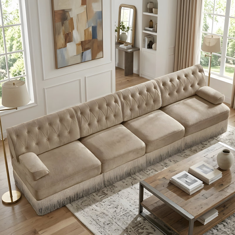 Canapé de style Chesterfield, H 34,18 po x l 135,58 po x P 33,78 po, Chameau
