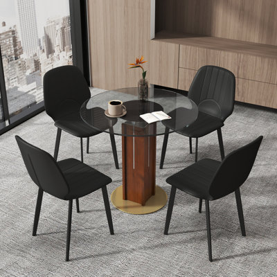 Nexus Modern Round Tempered Glass Conference Table Set With Leather Chairs