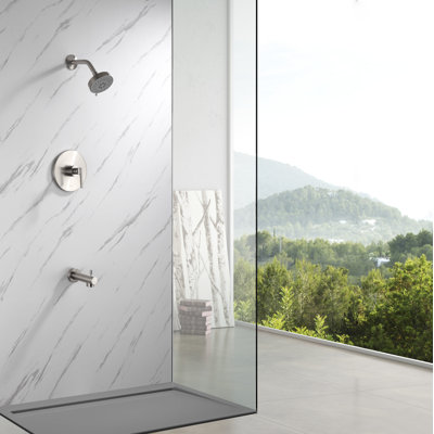 Ardua Collection Shower Trim System: 4-Function 4" Round Shower Head, Single Handle Set, Tub Spout & Rough-in Valve Included - Brushed Nickel
