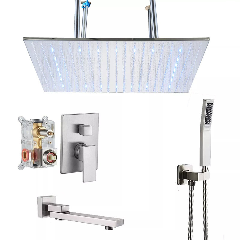 Brushed Nickel 24inch Shower Faucet Set Tub Spout LED Rain Head Combo with Valve