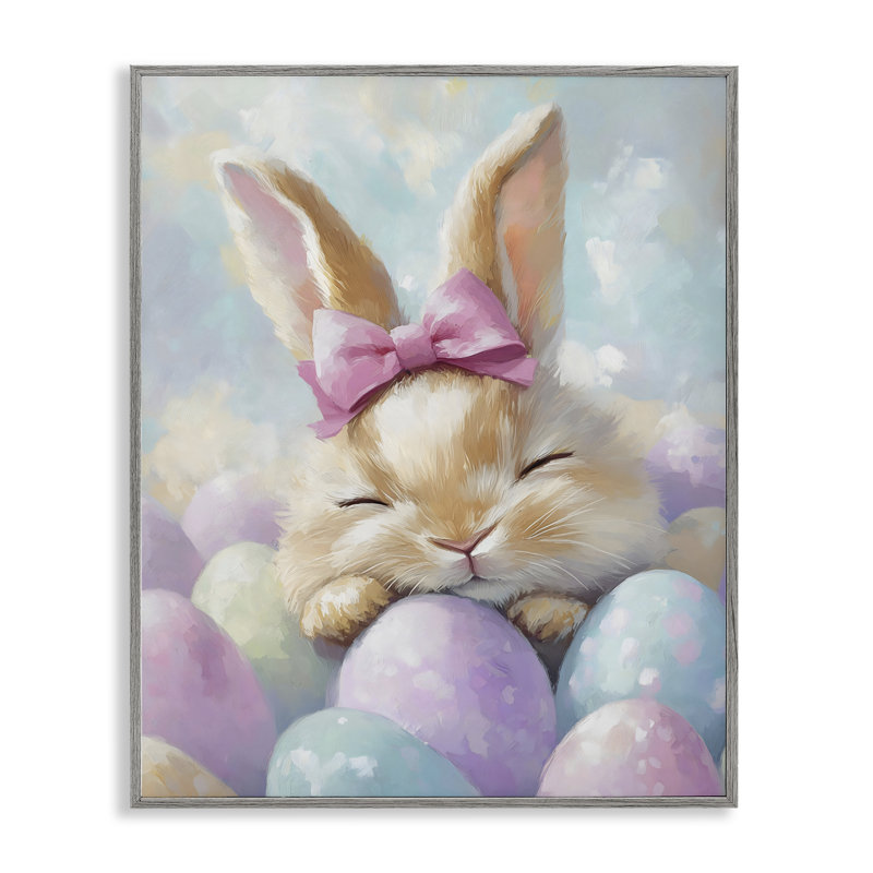 Lapin de Pâques endormi avec œufs, estampe numérique, design par The Prints Vibe, 30 x 24, Farmhouse Grey Giclee Framed