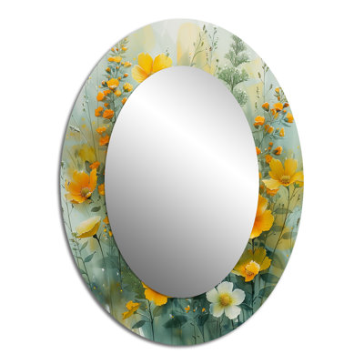 Miroir décoratif oval sur fond jaune avec fleurs sauvages jaunes