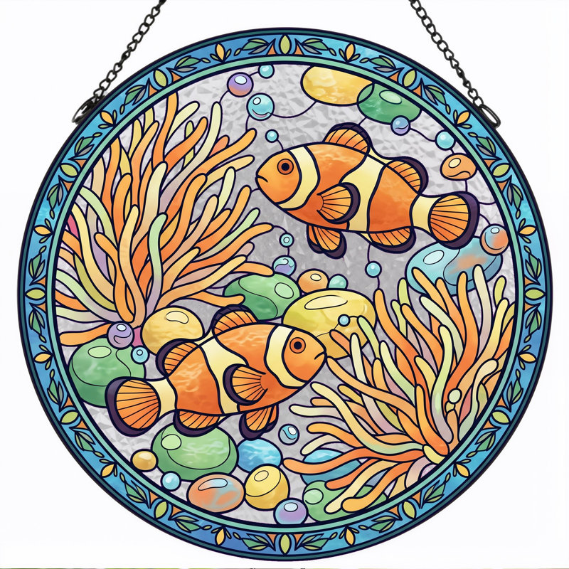 Panneau de vitrail en verre coloré corail Clownfish H 12 po, H 12 po