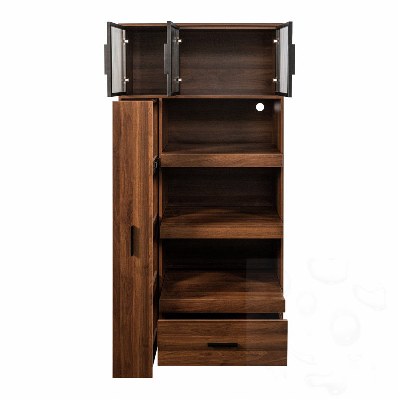 Armoire de cuisine de 70,87 po de hauteur avec tablette de rangement coulissante multifonctionnelle à plusieurs niveaux, tiroirs avec porte vitrée, cloche à nourriture autoportante avec support à micro-ondes pour salle à manger