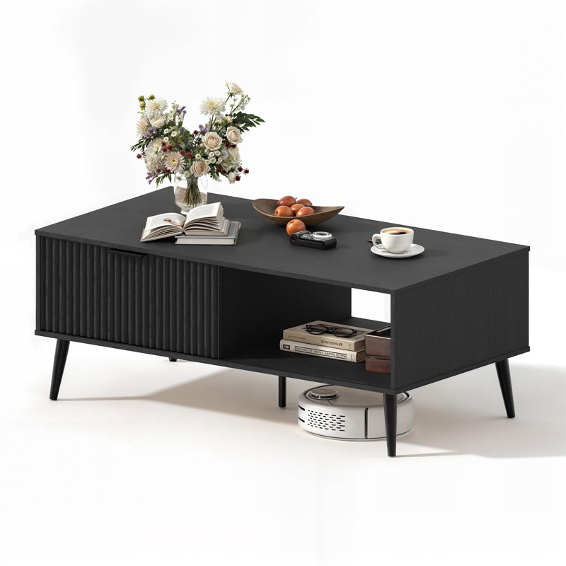 Coffee Table With Storage,Rectangular Wooden Coffee Table With Sliding Door And Solid Wood Legs, Black
