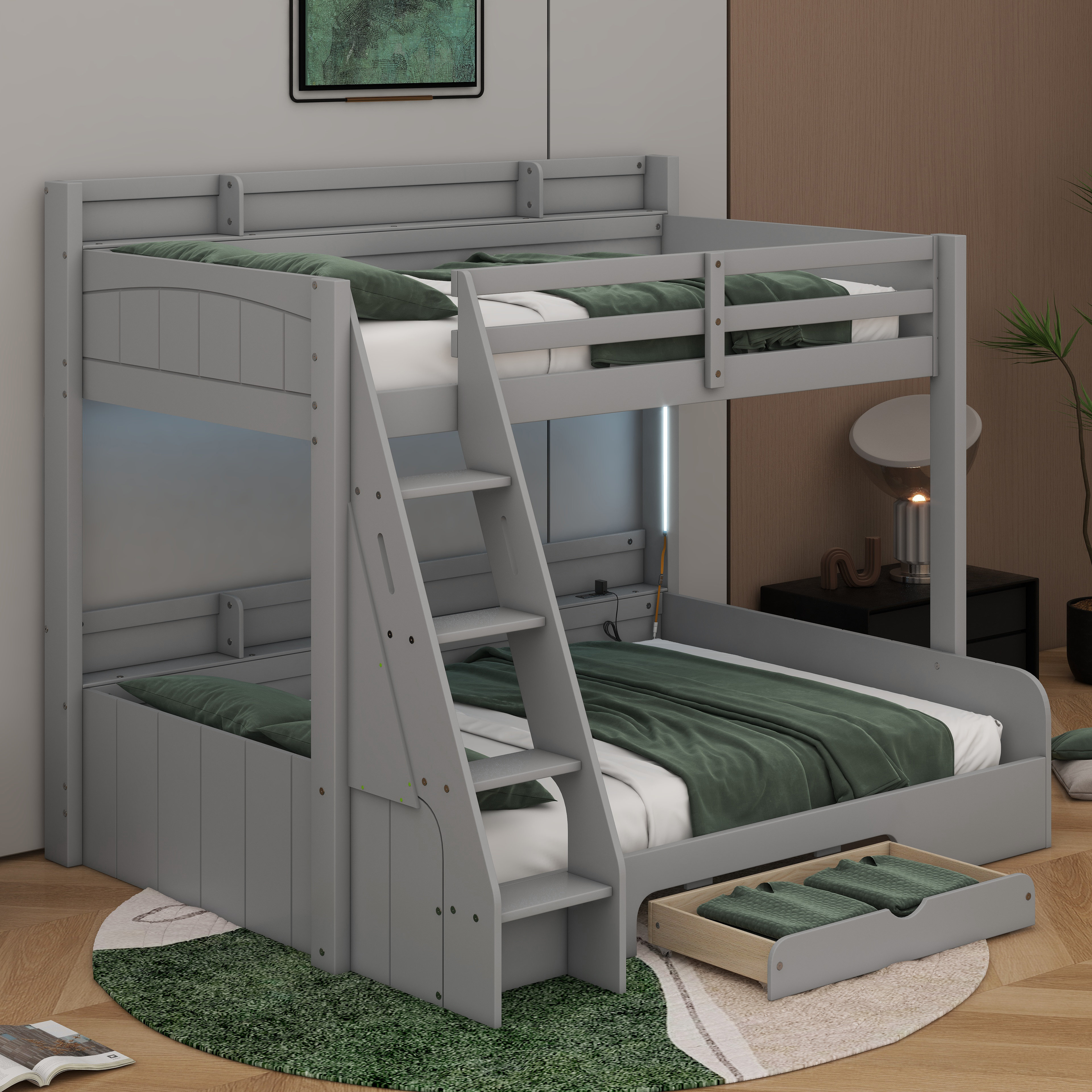 Latitude Run® Twin Over Full Bunk Bed With Storage Shelves, LED ...