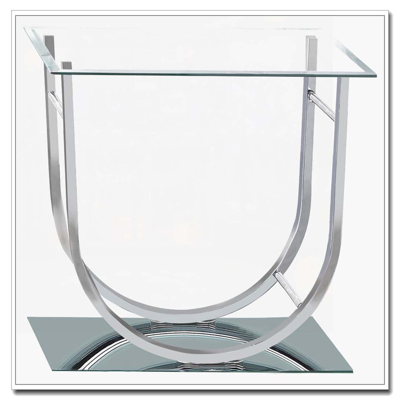 Table de bout chromée carrée en U avec plateau en verre
