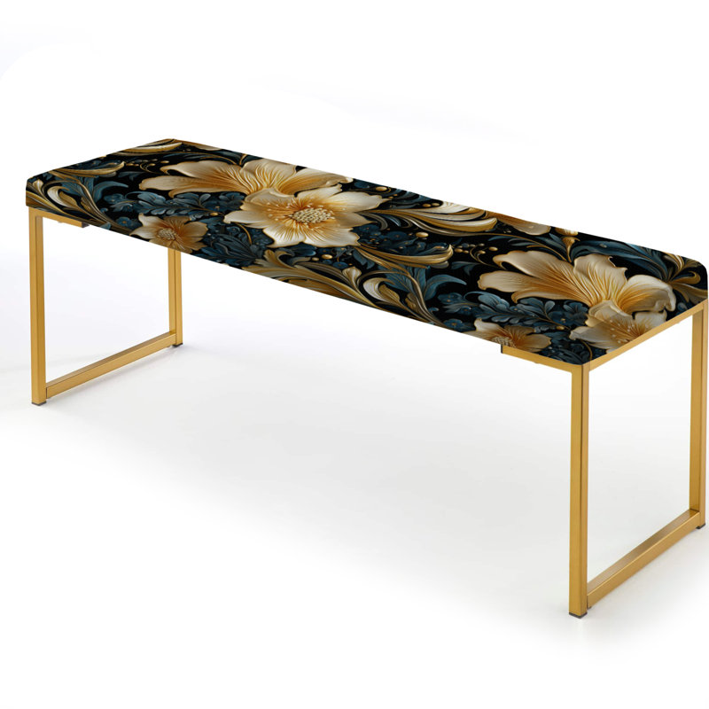 Upholstered Gold Bench, Gold And Teal Royal Flower Gardens