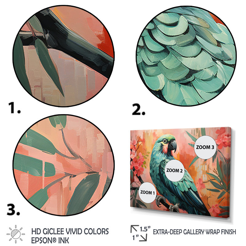 «Blue and Pink Parrot Paradise III», art mural perroquet, Cadre doré à coins fermés, H 30 po x l 40 po x P 1,5 po