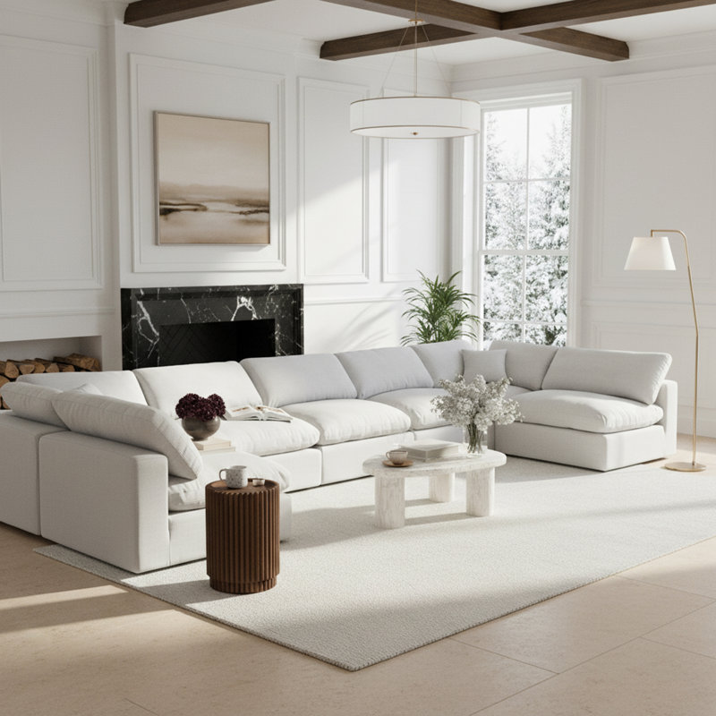 Hulen Upholstered U-Shaped Sectional Reversible, White Linen Textured Fabric
