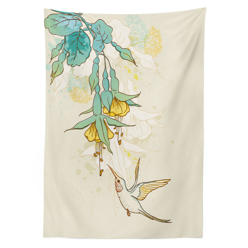 Ambesonne Hummingbird Tablecloth, Hummingbird And Tropical Flowers Summertime Exotic Plant Nature Art, Rectangular Table Cover For Dining Room Kitchen Decor, 60" X 84", Teal Yellow