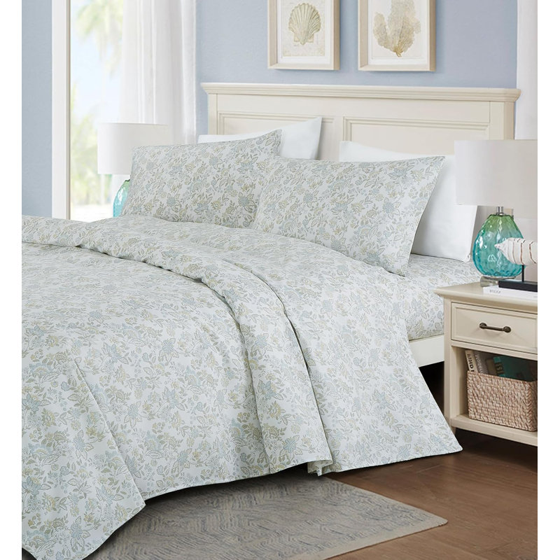 Ensemble de draps en microfibre à imprimé floral, Grand lit, Blanc, bleu, vert, fleur
