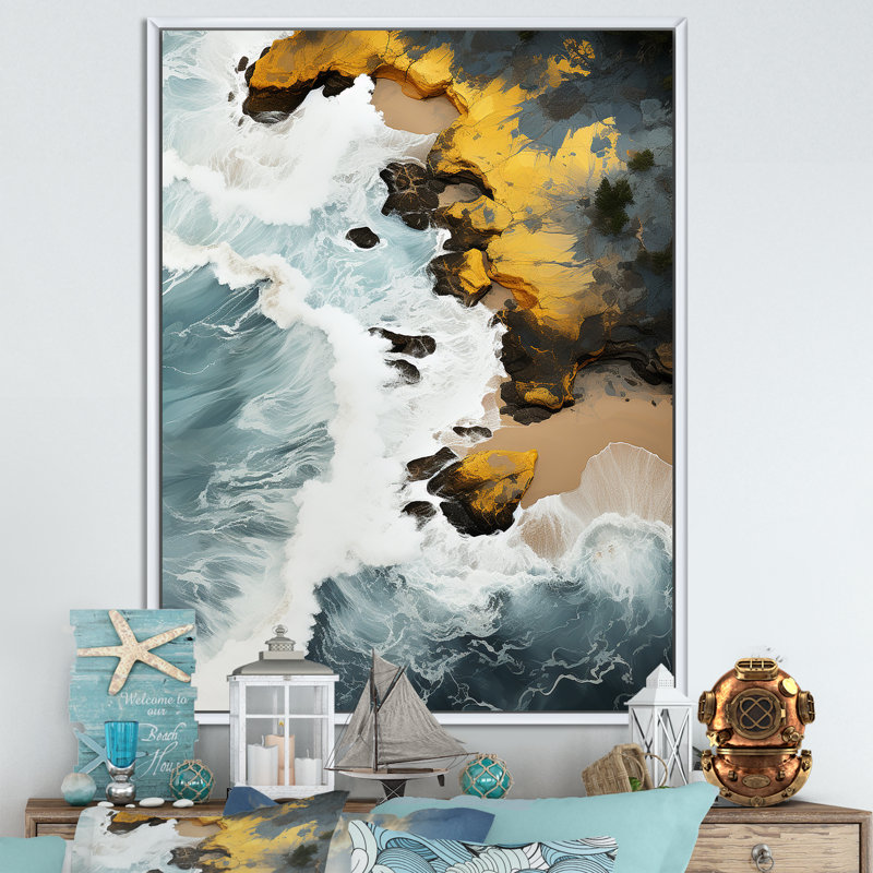 Sable tropical aérien - art mural plage, H 44 po x l 34 po x P 1,5 po, Cadre flottant blanc