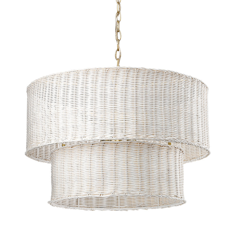 Cuthmore 6-Light Steel Dimmable Drum Chandelier, Brushed Champagne Bronze, White Wicker, 6 Lights