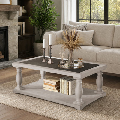 Farmhouse Rectangular Coffee Table With Turned Spindle Legs And Lower Shelf