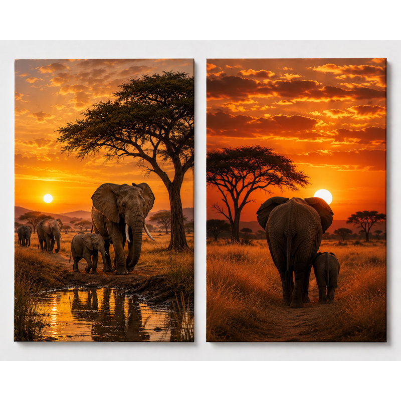 Grand ensemble de 2 éléphants d'Afrique au coucher du soleil, art mural pour salon, safari, impression sur toile 16 x 24 pouces - prête à être accrochée