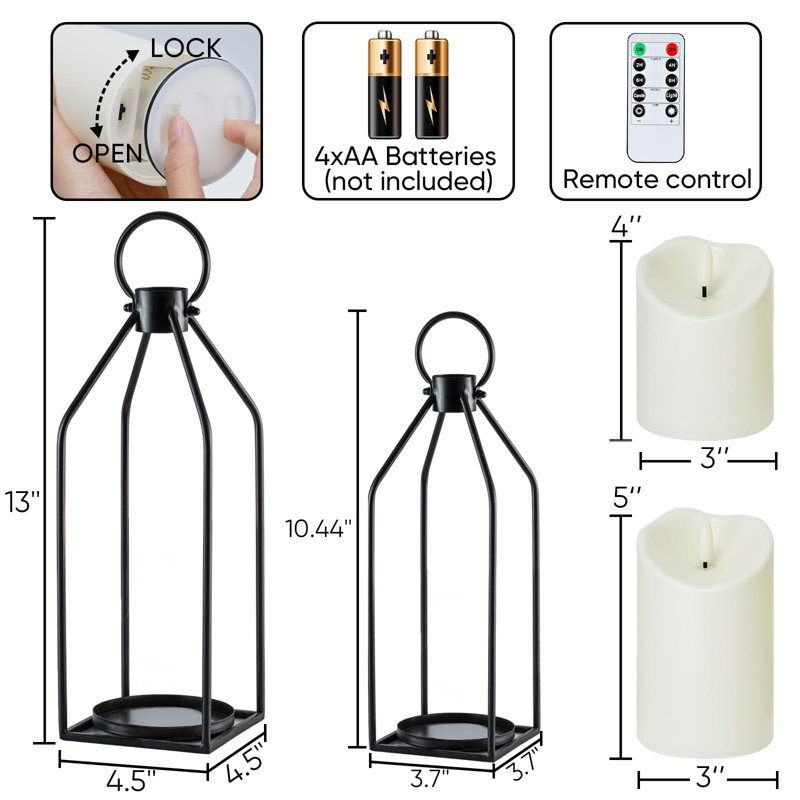 Modern Farmhouse Lantern Decor With Waterproof Flameless Candle & Remote Timer, 2PCS Black Metal Candle Lantern Decorative For Outdoor Indoor Home Living Room Patio Porch Table