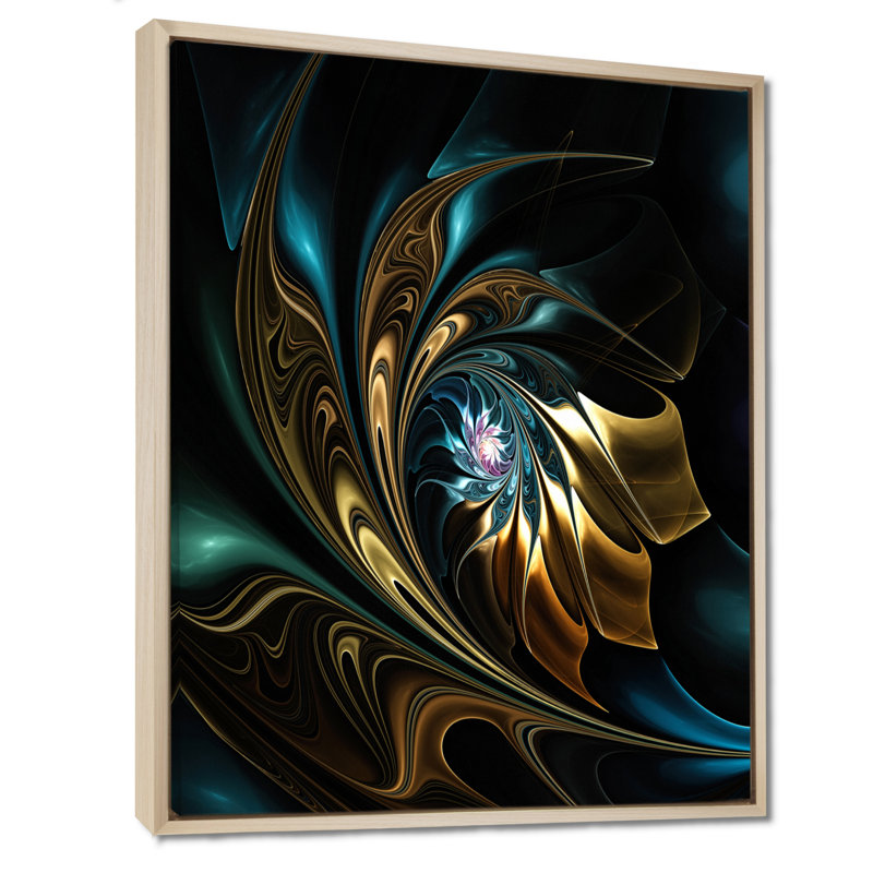 Fleur noire dorée moderne - art mural fleur fractale, impression avec fleur noire, H 40 po x l 30 po, Cadre flottant, Érable