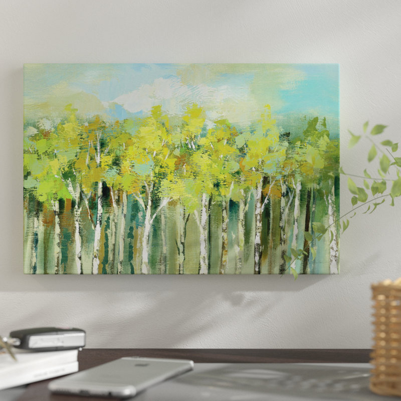 « avril tree tops », reproduction de peinture à l’acrylique sur toile tendue, H 40 po x l 60 po x P 1,5 po, Toile tendue