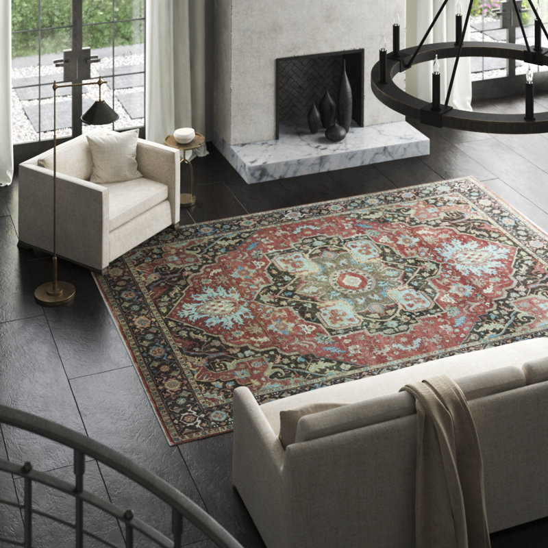 Wool Oriental Area Rug in Rust/Charcoal/Red, Rectangle 2'6" x 4'