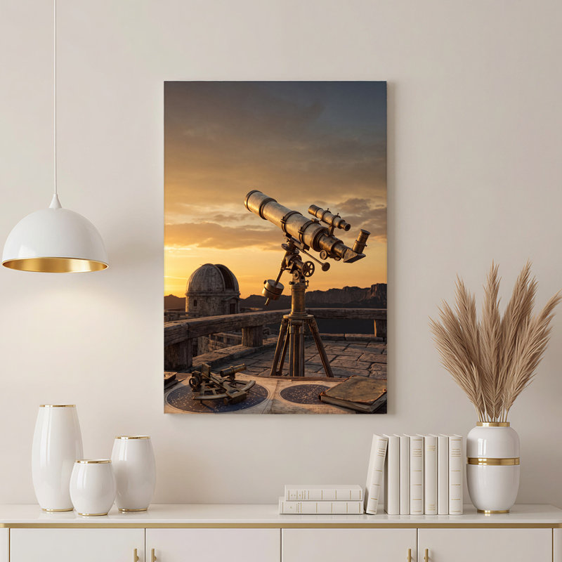 Art mural rétro sur toile en forme de télescope et d'étoiles au crépuscule, 36"H x 24"W