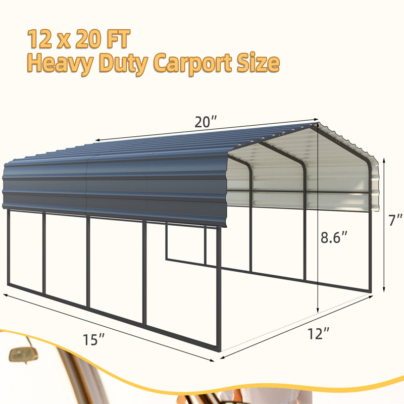 12 Ft. W x 20 Ft. D Carport with Galvanized Steel Roof