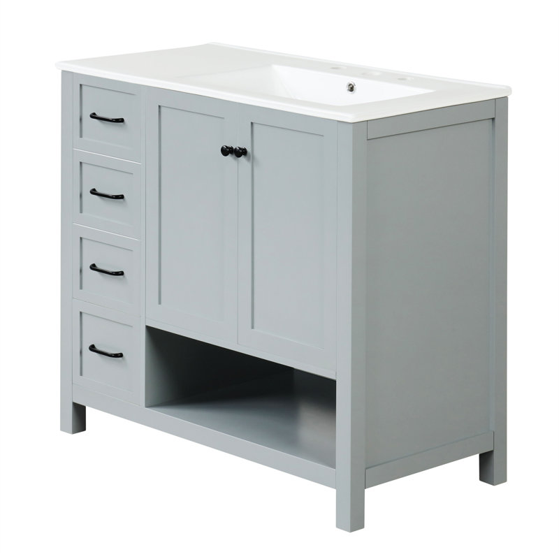 Meuble-lavabo 36 po avec lavabo en céramique avec tiroir, porte et armoire de rangement, Gris, Noir, noir, noir, noir