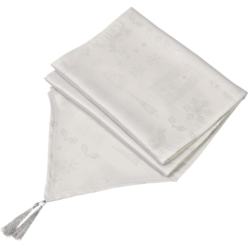 Christmas Theme Tasselled Table Runner 13in, 33cm W x 183cm L, White