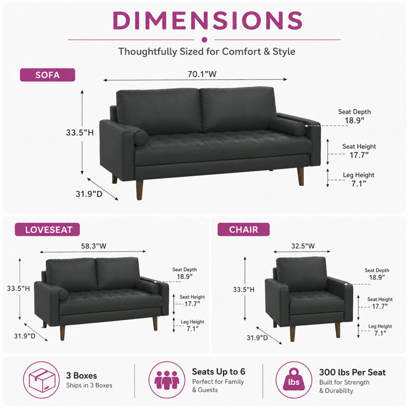 Ensemble de salon 3 pièces Statura Mid-Century, Noir