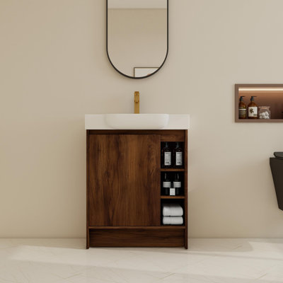 28" Freestanding Single Bathroom Vanity Set With Ceramic Sink And Shelves